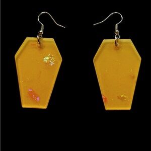 Orange resin coffin earrings with pink foil & orange glitter, handmade to order